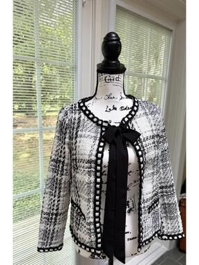 Gorgeous Black/white/sparkle Tweed Plaid Blazer With Black Tie. Size XS. EUC